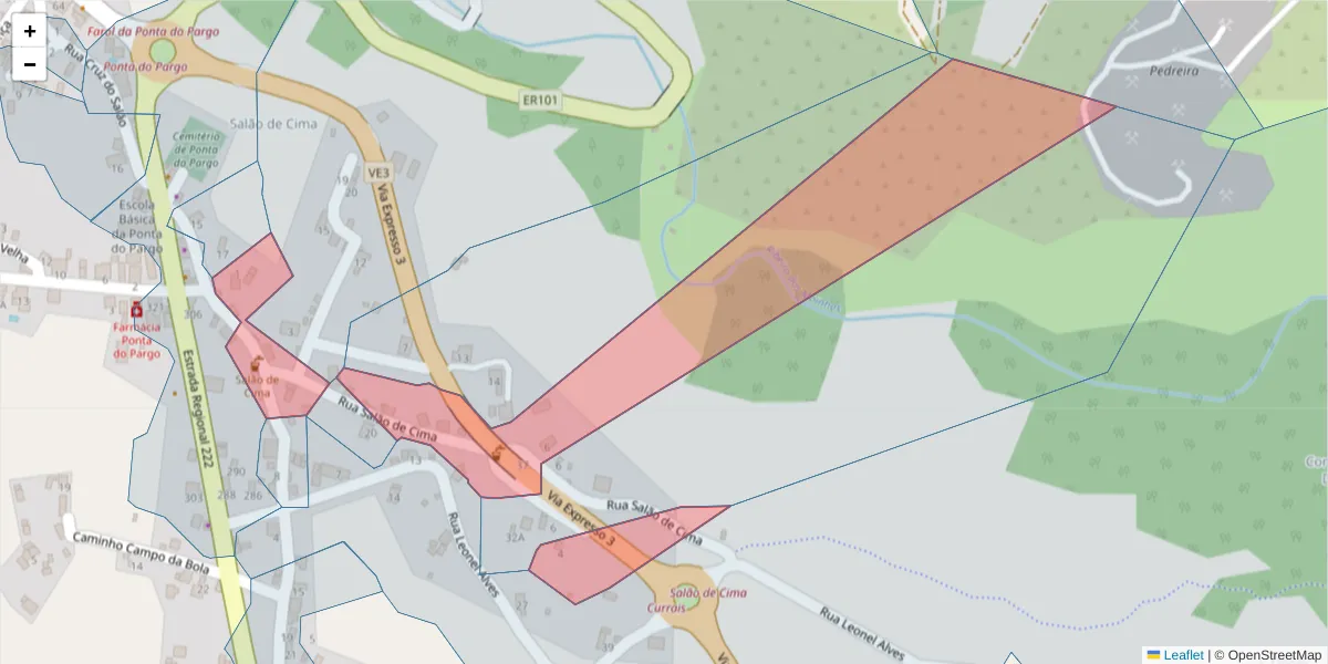 Mapa detalhado do código postal 9385-245 com limites, códigos postais vizinhos e agências dos correios