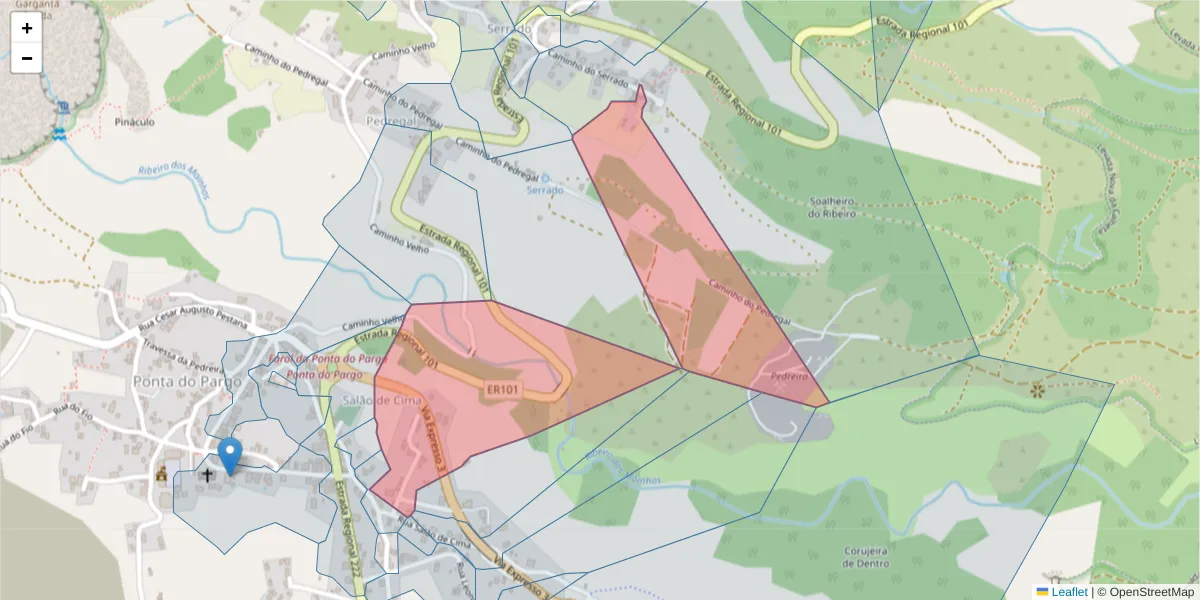 Mapa detalhado do código postal 9385-246 com limites, códigos postais vizinhos e agências dos correios
