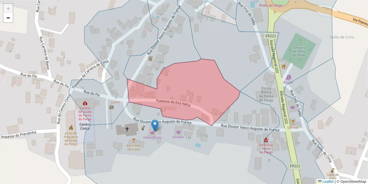 Mapa detalhado do código postal 9385-250 com limites, códigos postais vizinhos e agências dos correios