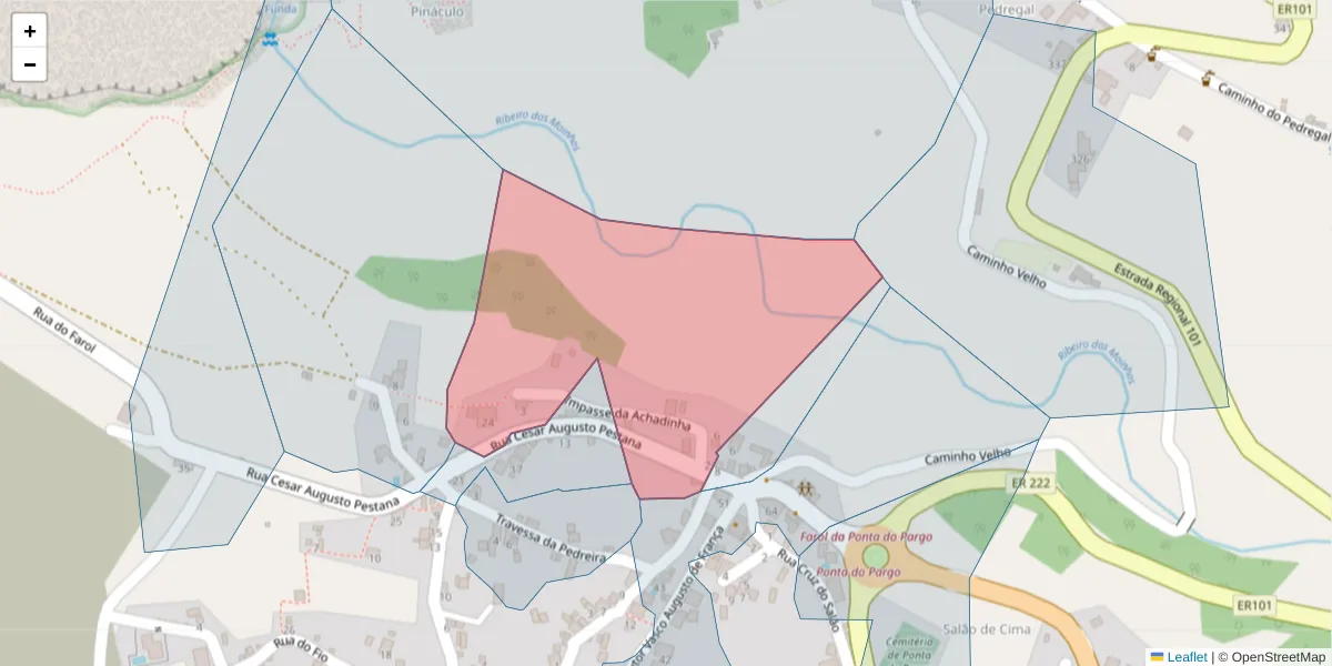 Mapa detalhado do código postal 9385-252 com limites, códigos postais vizinhos e agências dos correios