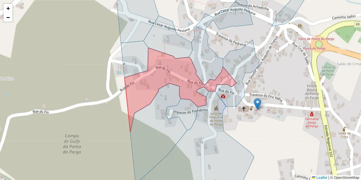 Mapa detalhado do código postal 9385-261 com limites, códigos postais vizinhos e agências dos correios