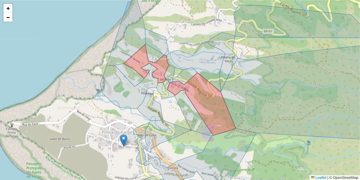 Mapa detalhado do código postal 9385-274 com limites, códigos postais vizinhos e agências dos correios