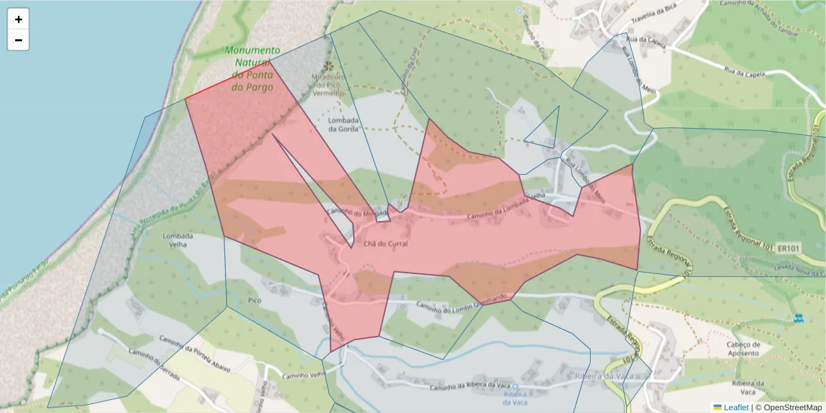Mapa detalhado do código postal 9385-288 com limites, códigos postais vizinhos e agências dos correios