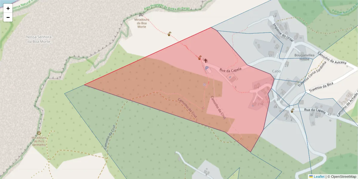 Mapa detalhado do código postal 9385-295 com limites, códigos postais vizinhos e agências dos correios