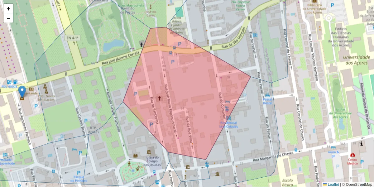 Mapa detalhado do código postal 9500-035 com limites, códigos postais vizinhos e agências dos correios