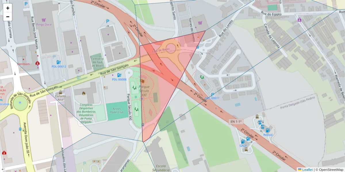 Mapa detalhado do código postal 9500-042 com limites, códigos postais vizinhos e agências dos correios