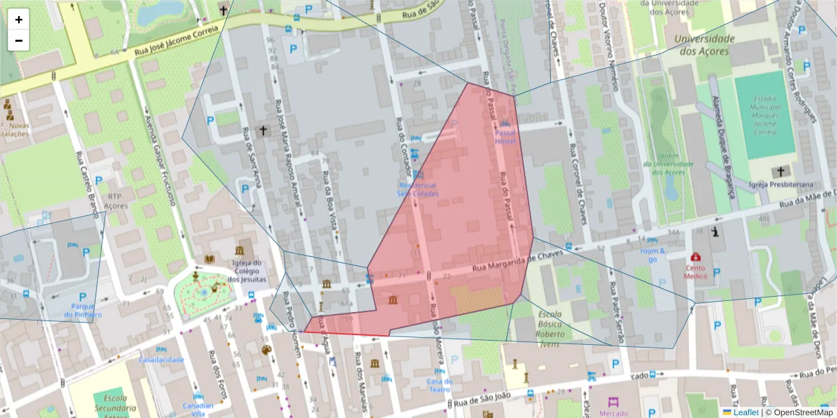 Mapa detalhado do código postal 9500-050 com limites, códigos postais vizinhos e agências dos correios