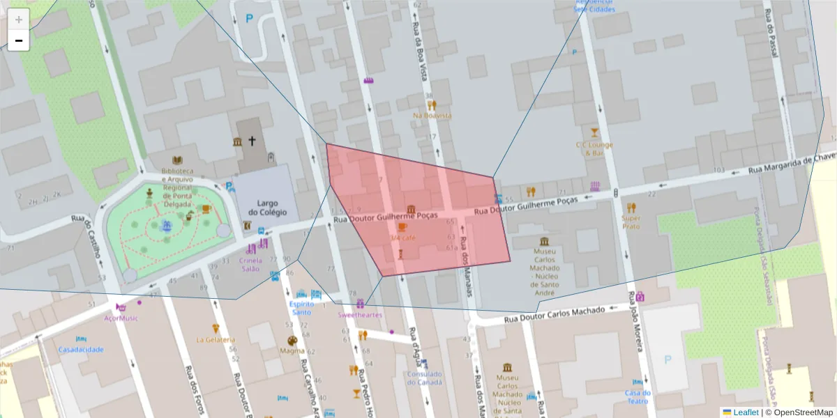 Mapa detalhado do código postal 9500-100 com limites, códigos postais vizinhos e agências dos correios