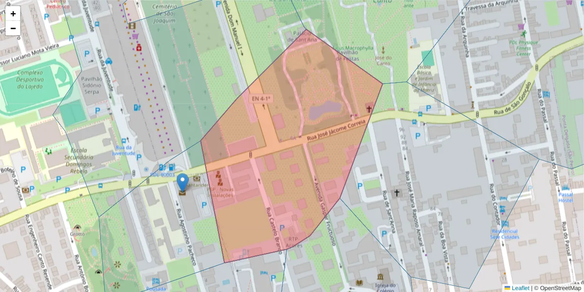 Mapa detalhado do código postal 9500-112 com limites, códigos postais vizinhos e agências dos correios