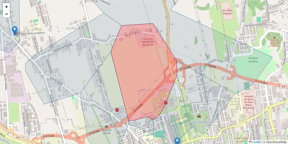 Mapa detalhado do código postal 9500-154 com limites, códigos postais vizinhos e agências dos correios