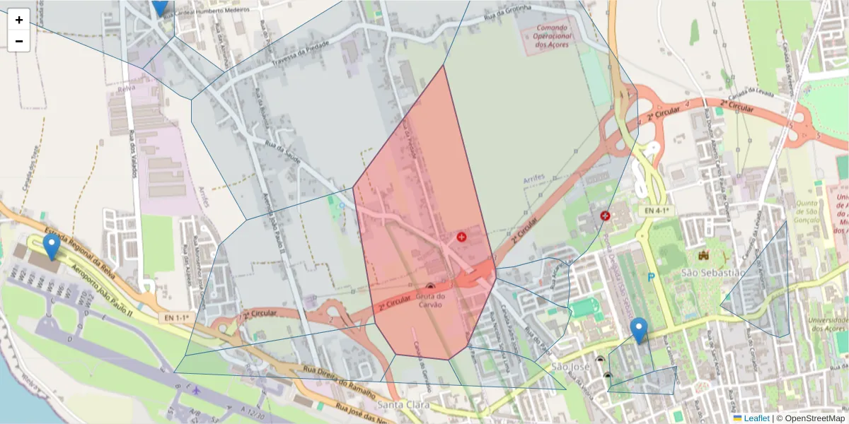 Mapa detalhado do código postal 9500-230 com limites, códigos postais vizinhos e agências dos correios