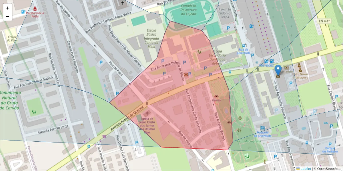 Mapa detalhado do código postal 9500-233 com limites, códigos postais vizinhos e agências dos correios