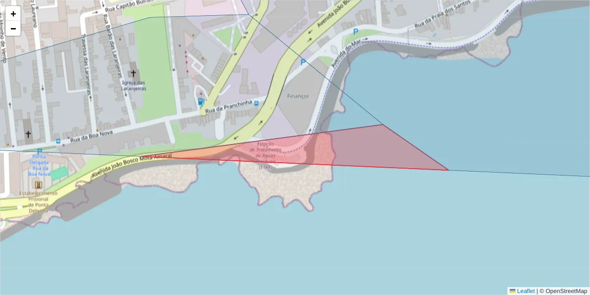 Mapa detalhado do código postal 9500-250 com limites, códigos postais vizinhos e agências dos correios