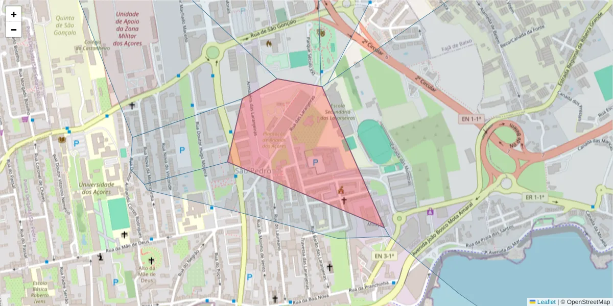Mapa detalhado do código postal 9500-310 com limites, códigos postais vizinhos e agências dos correios