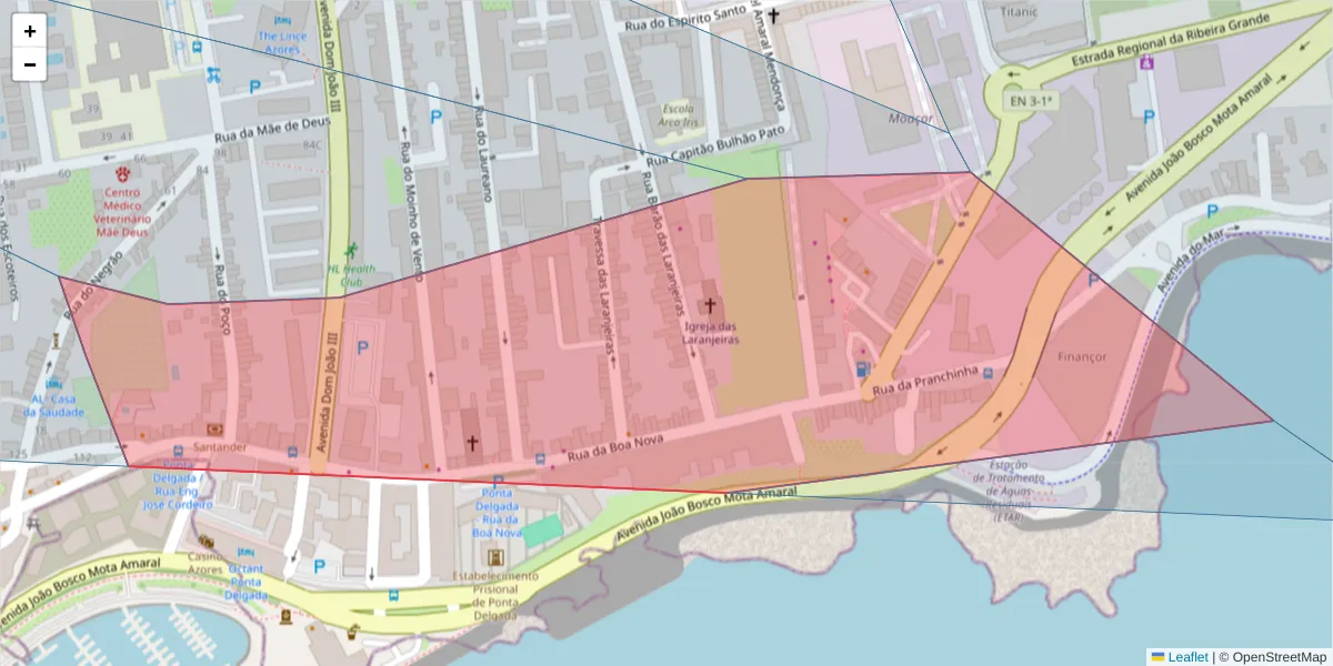 Mapa detalhado do código postal 9500-311 com limites, códigos postais vizinhos e agências dos correios