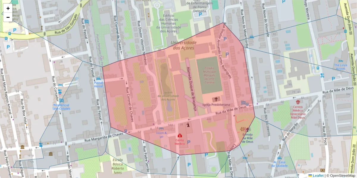 Mapa detalhado do código postal 9500-321 com limites, códigos postais vizinhos e agências dos correios