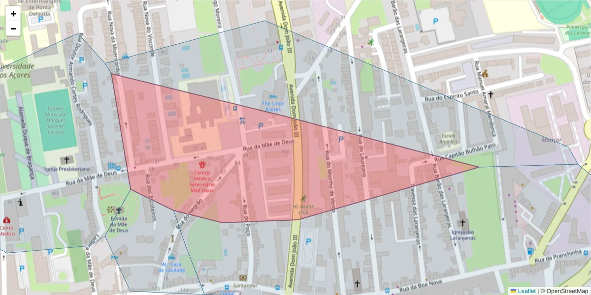 Mapa detalhado do código postal 9500-342 com limites, códigos postais vizinhos e agências dos correios