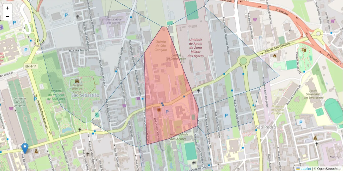 Mapa detalhado do código postal 9500-343 com limites, códigos postais vizinhos e agências dos correios