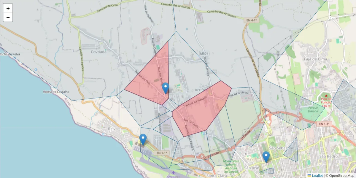 Mapa detalhado do código postal 9500-363 com limites, códigos postais vizinhos e agências dos correios