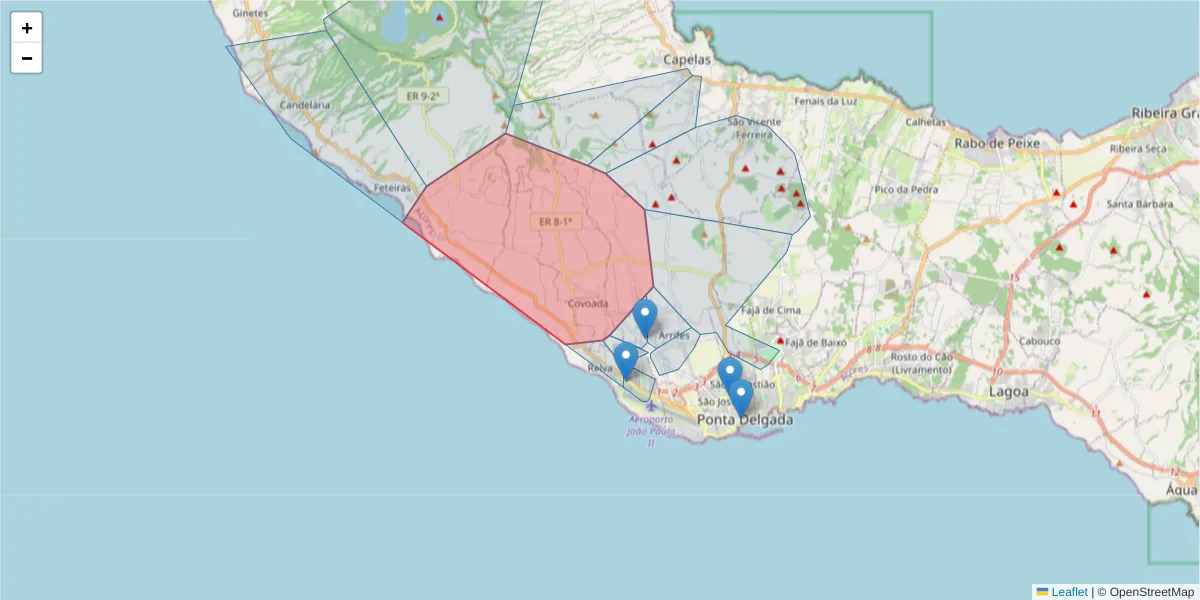 Mapa detalhado do código postal 9500-405 com limites, códigos postais vizinhos e agências dos correios