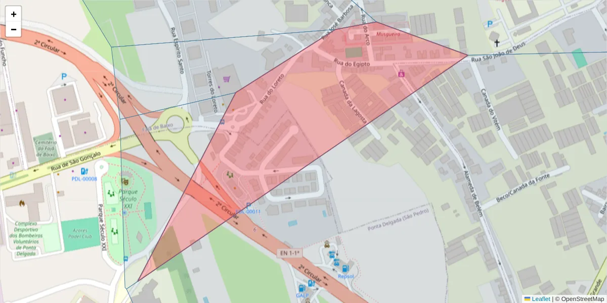 Mapa detalhado do código postal 9500-452 com limites, códigos postais vizinhos e agências dos correios