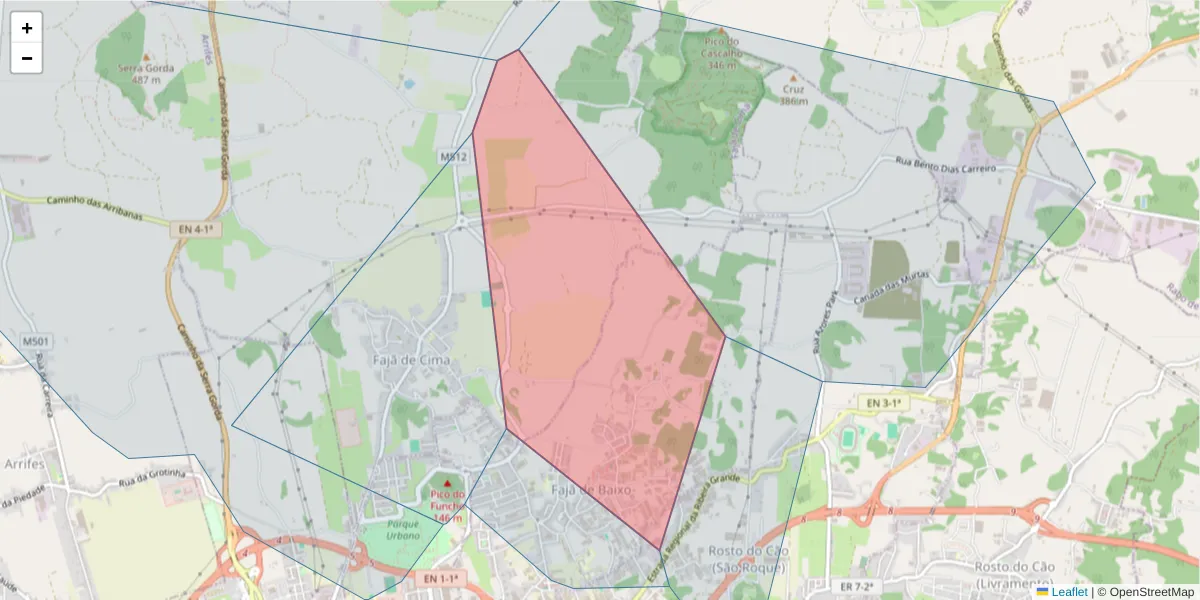 Mapa detalhado do código postal 9500-459 com limites, códigos postais vizinhos e agências dos correios