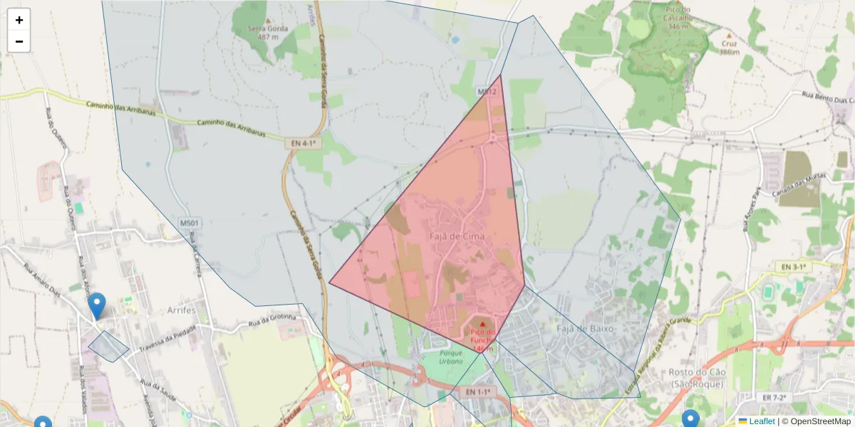 Mapa detalhado do código postal 9500-508 com limites, códigos postais vizinhos e agências dos correios