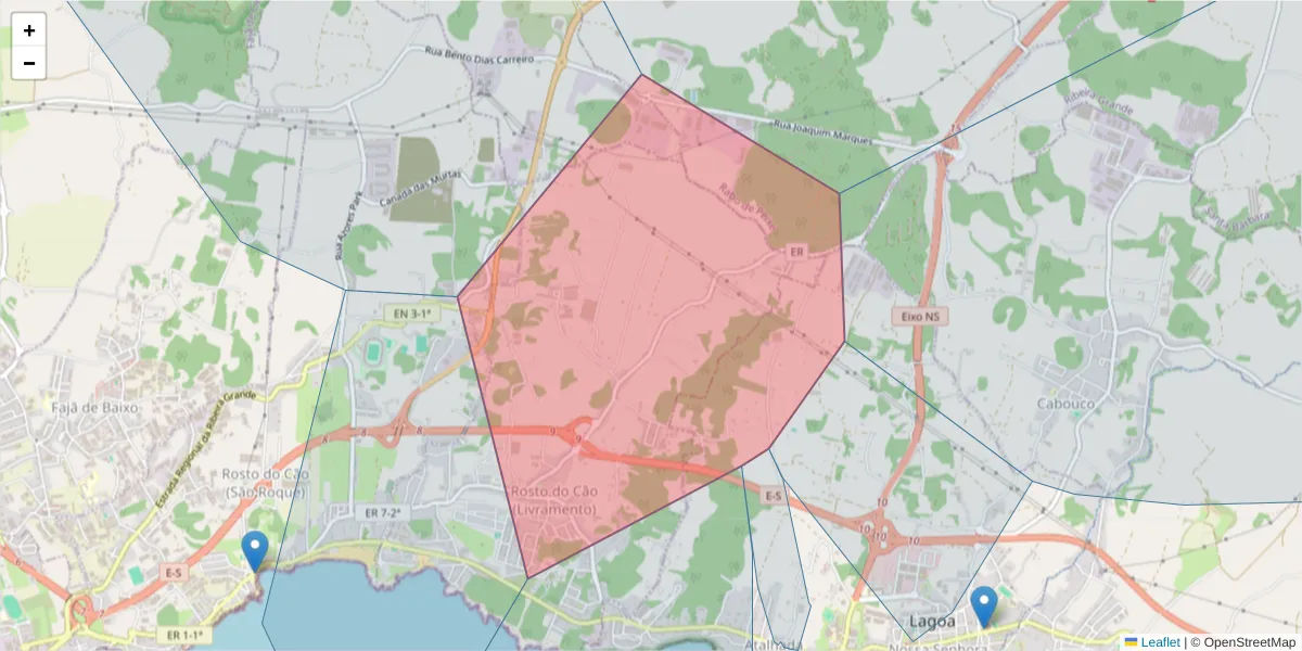 Mapa detalhado do código postal 9500-604 com limites, códigos postais vizinhos e agências dos correios