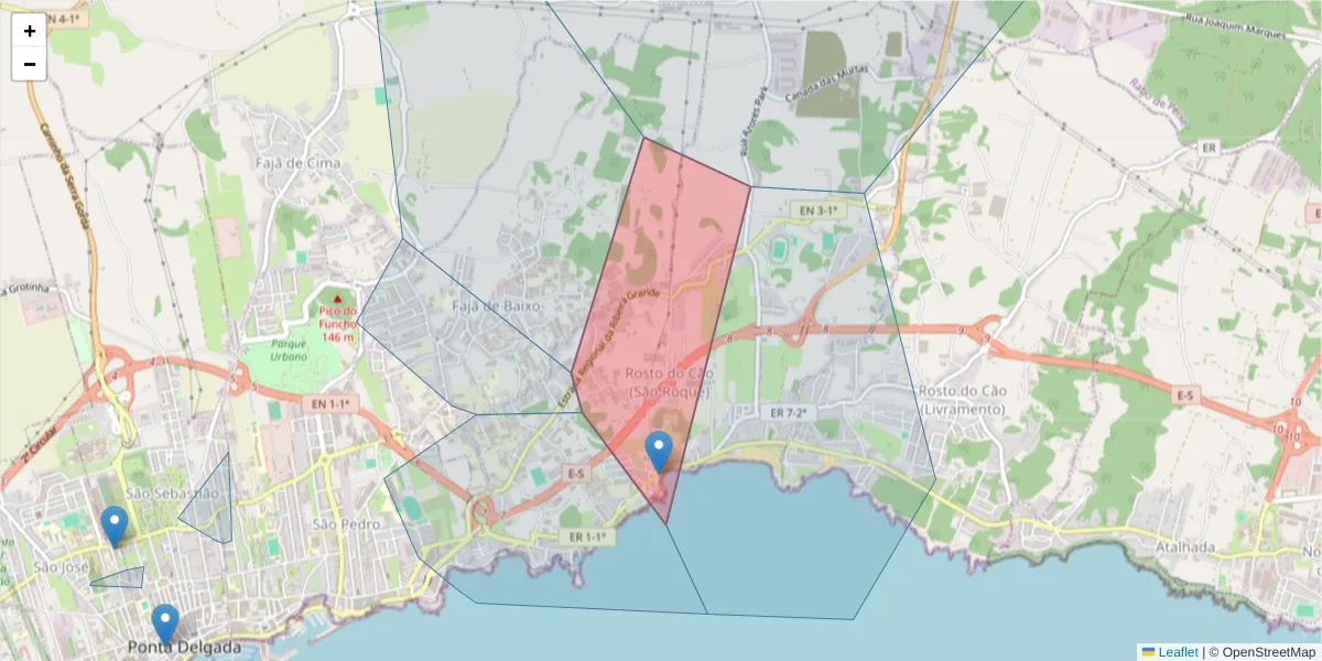 Mapa detalhado do código postal 9500-702 com limites, códigos postais vizinhos e agências dos correios