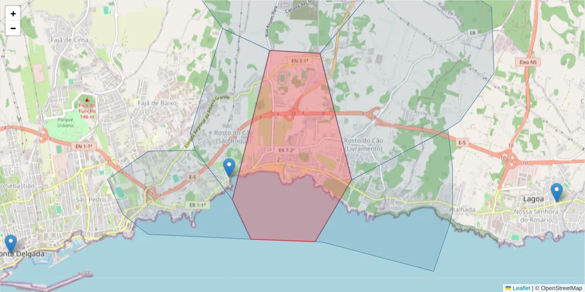 Mapa detalhado do código postal 9500-719 com limites, códigos postais vizinhos e agências dos correios
