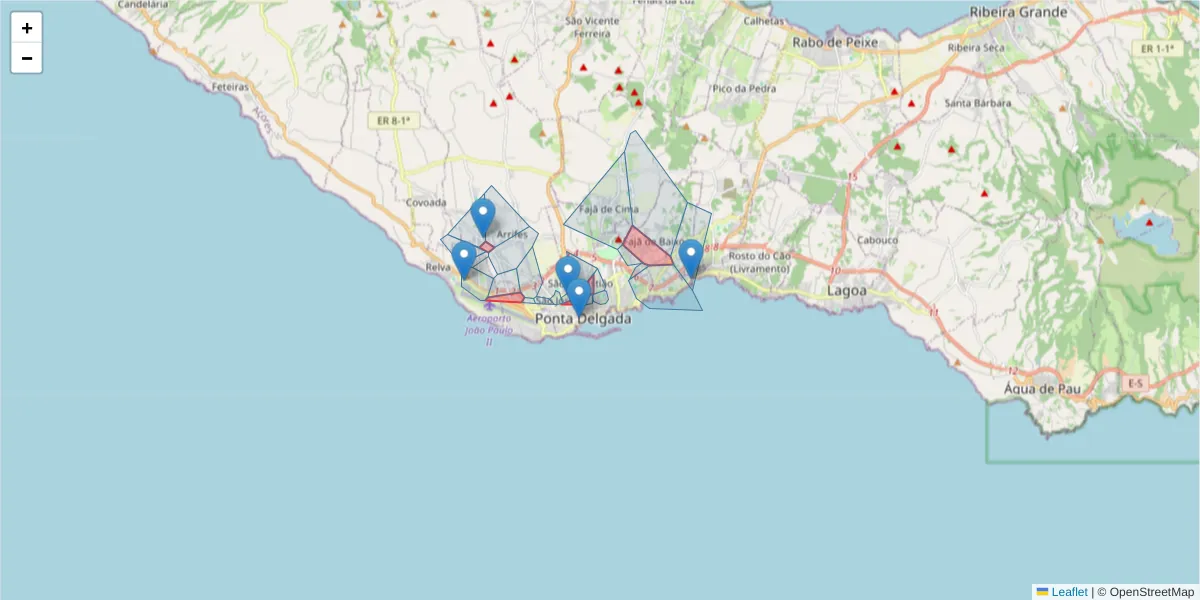 Mapa detalhado do código postal 9500 com limites, códigos postais vizinhos e agências dos correios