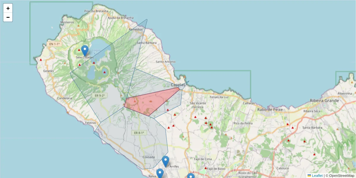 Mapa detalhado do código postal 9545-116 com limites, códigos postais vizinhos e agências dos correios