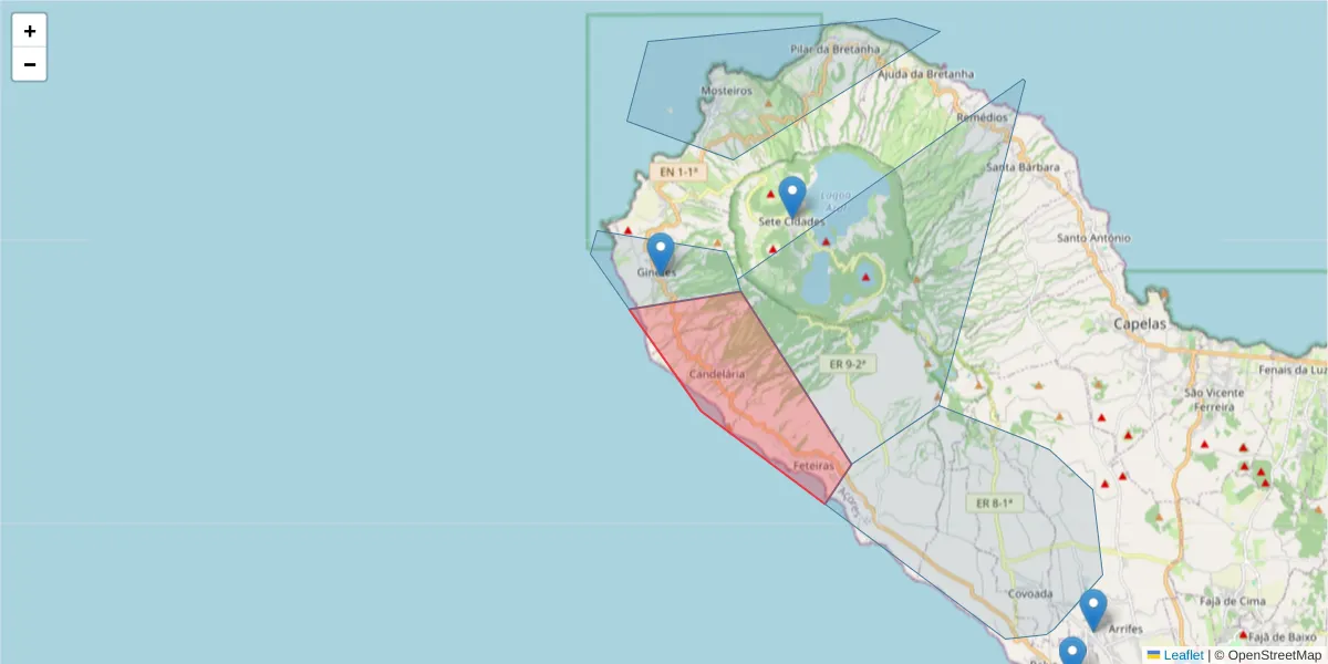 Mapa detalhado do código postal 9555-080 com limites, códigos postais vizinhos e agências dos correios
