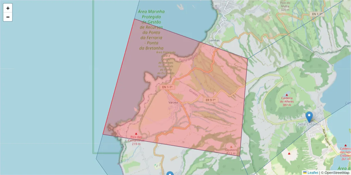Mapa detalhado do código postal 9555-103 com limites, códigos postais vizinhos e agências dos correios