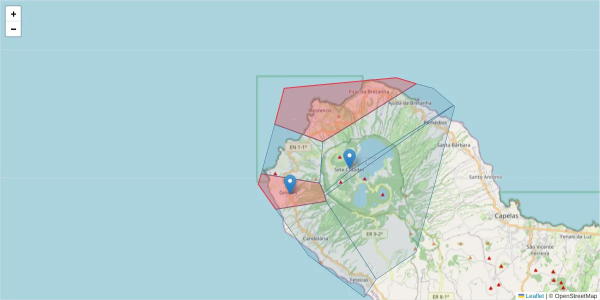 Mapa detalhado do código postal 9555 com limites, códigos postais vizinhos e agências dos correios