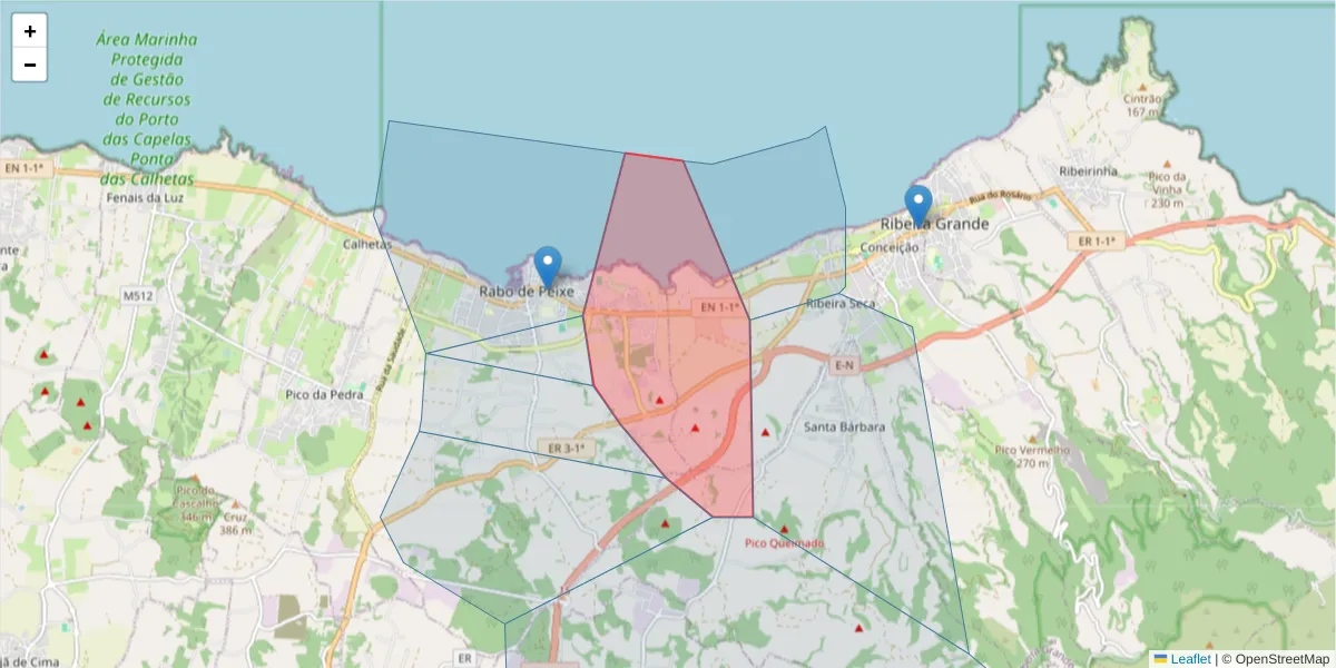 Mapa detalhado do código postal 9600-096 com limites, códigos postais vizinhos e agências dos correios