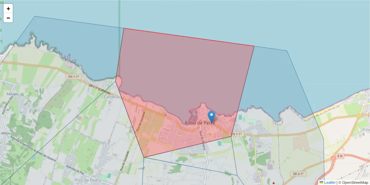 Mapa detalhado do código postal 9600-124 com limites, códigos postais vizinhos e agências dos correios