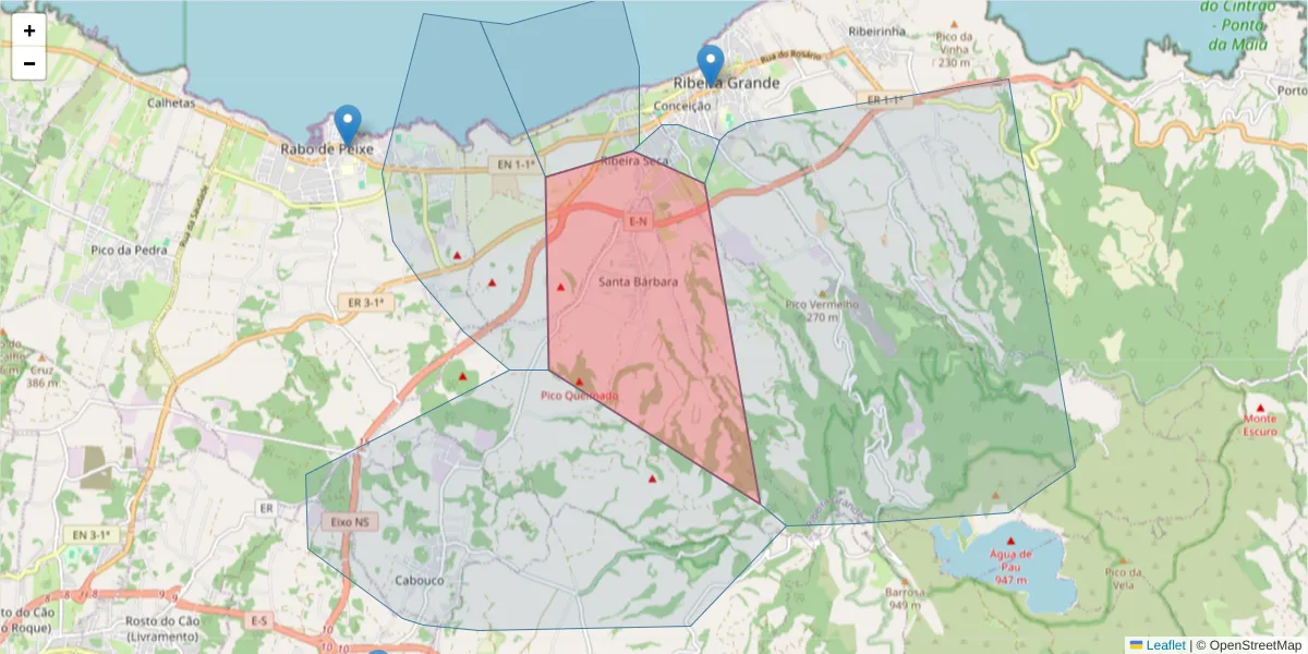 Mapa detalhado do código postal 9600-231 com limites, códigos postais vizinhos e agências dos correios