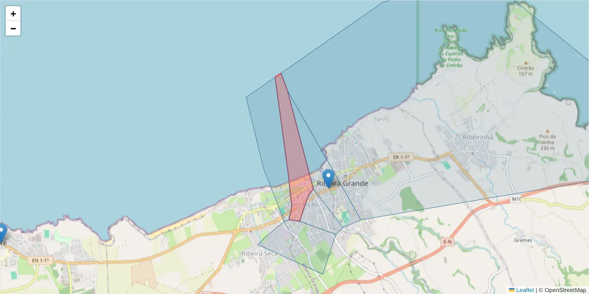 Mapa detalhado do código postal 9600-516 com limites, códigos postais vizinhos e agências dos correios