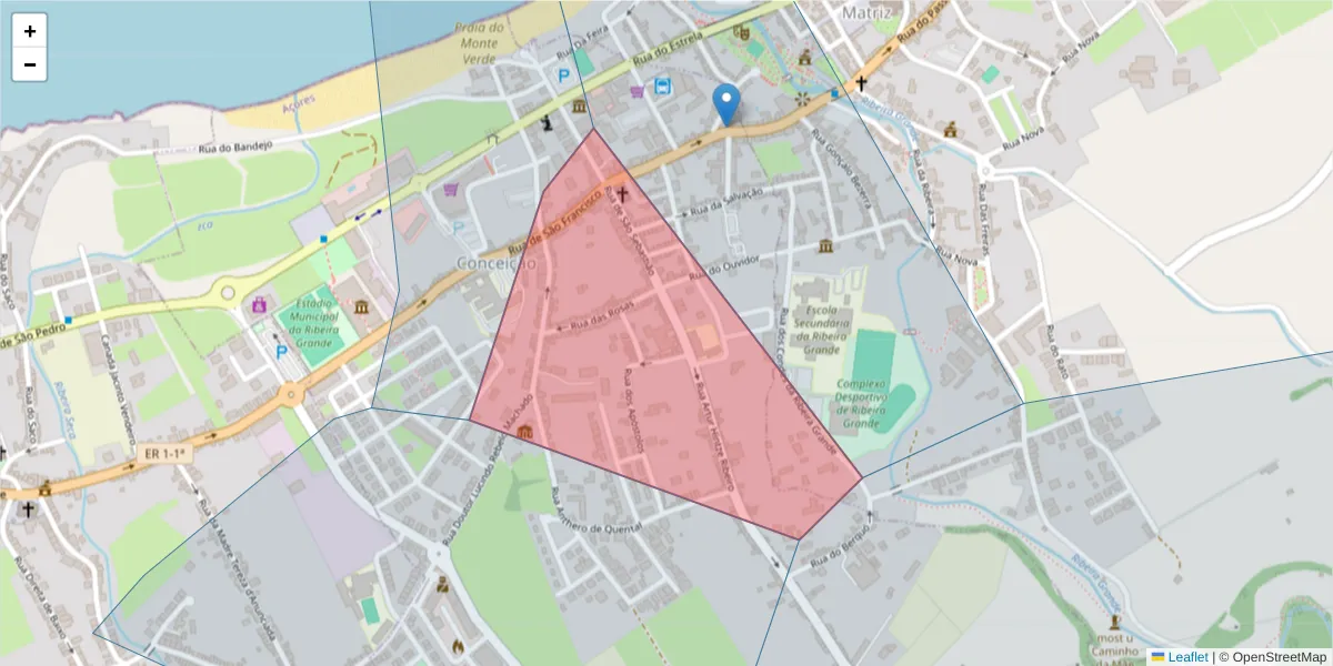 Mapa detalhado do código postal 9600-570 com limites, códigos postais vizinhos e agências dos correios