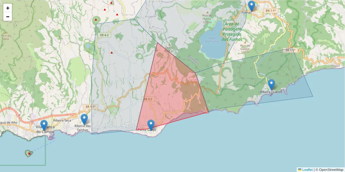 Mapa detalhado do código postal 9600 com limites, códigos postais vizinhos e agências dos correios