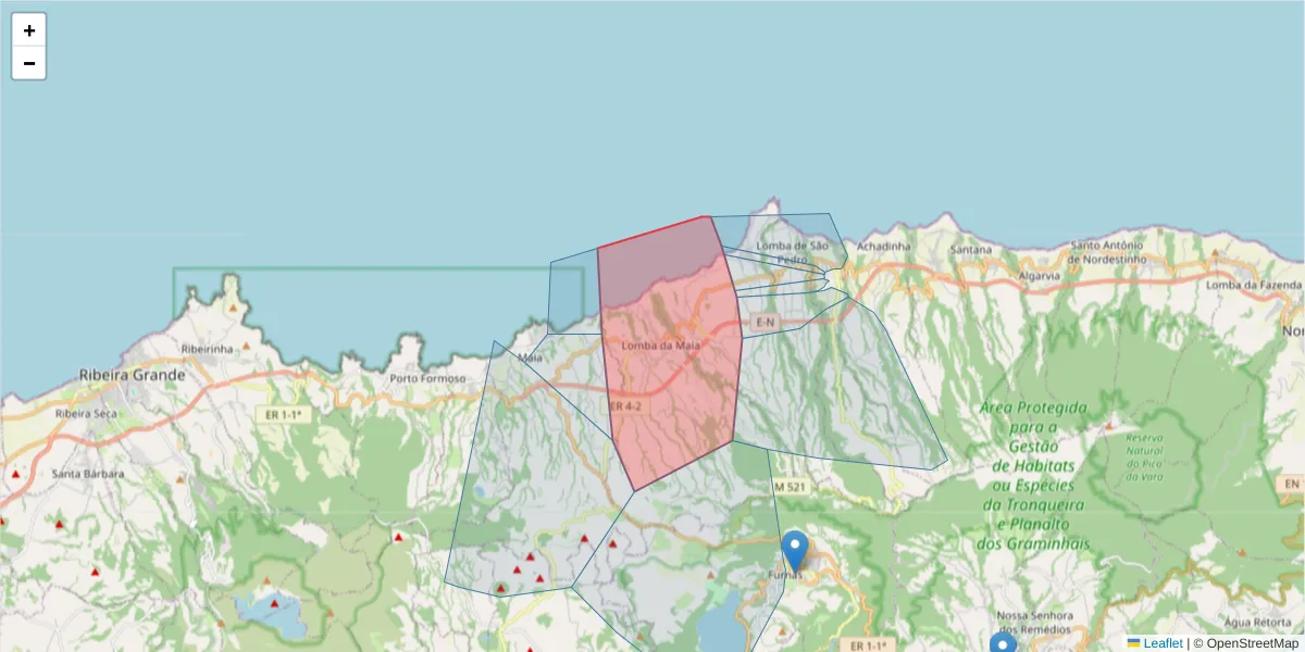 Mapa detalhado do código postal 9625-121 com limites, códigos postais vizinhos e agências dos correios