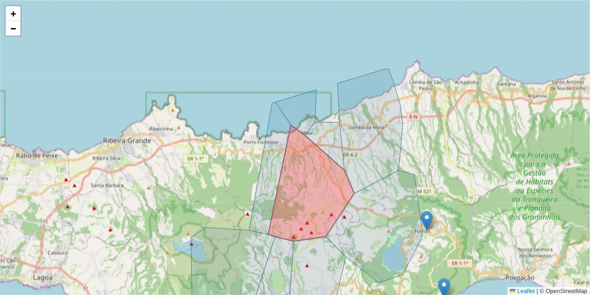 Mapa detalhado do código postal 9625-304 com limites, códigos postais vizinhos e agências dos correios
