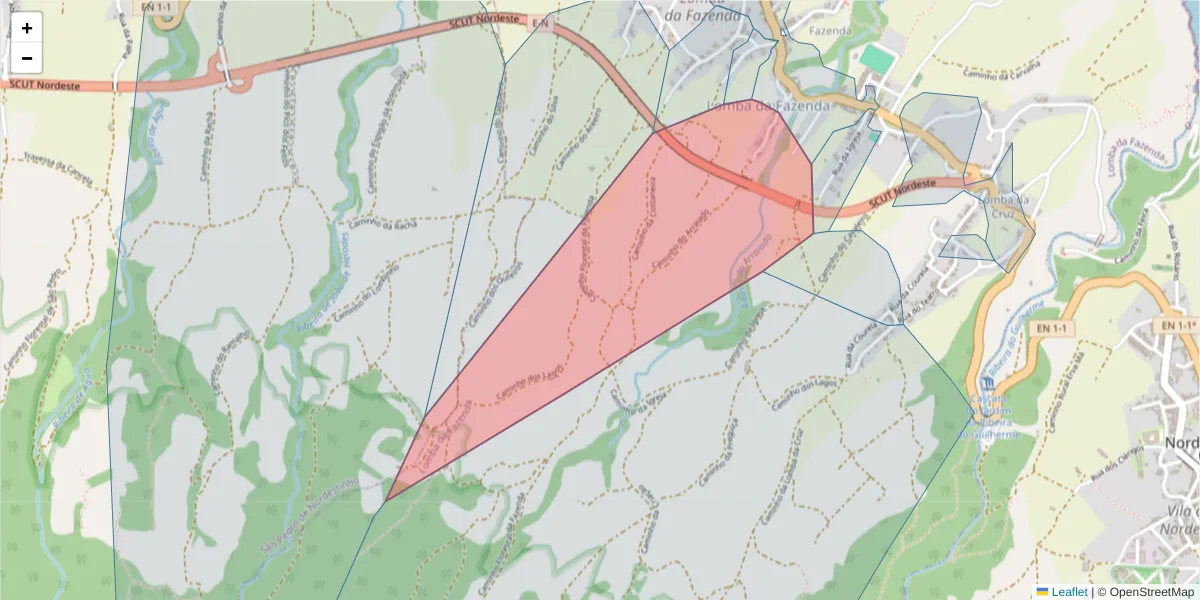 Mapa detalhado do código postal 9630-102 com limites, códigos postais vizinhos e agências dos correios