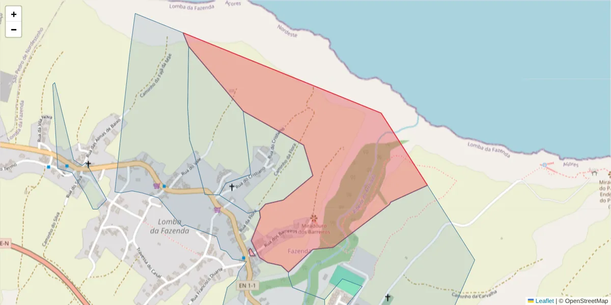 Mapa detalhado do código postal 9630-105 com limites, códigos postais vizinhos e agências dos correios