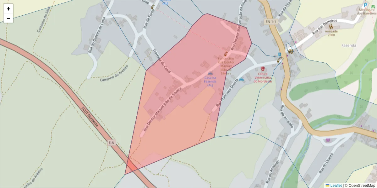 Mapa detalhado do código postal 9630-111 com limites, códigos postais vizinhos e agências dos correios