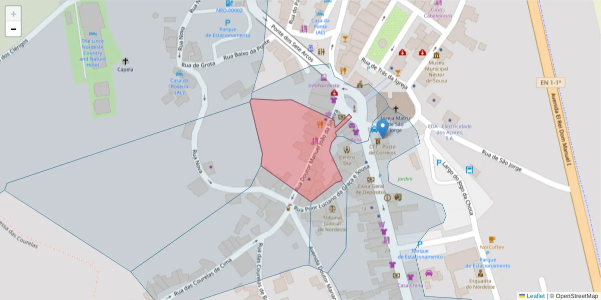 Mapa detalhado do código postal 9630-142 com limites, códigos postais vizinhos e agências dos correios