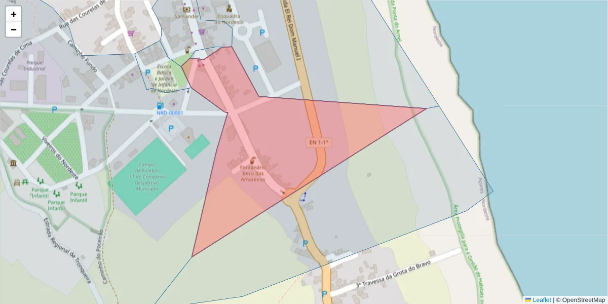 Mapa detalhado do código postal 9630-151 com limites, códigos postais vizinhos e agências dos correios