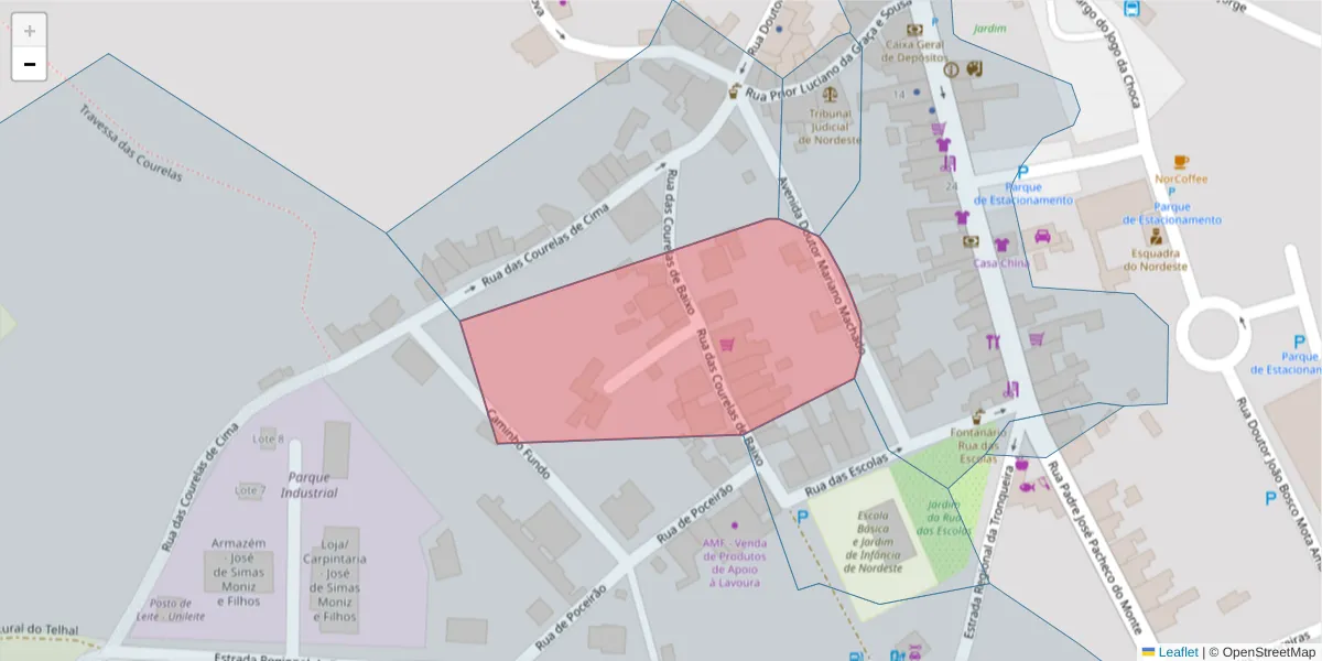 Mapa detalhado do código postal 9630-173 com limites, códigos postais vizinhos e agências dos correios