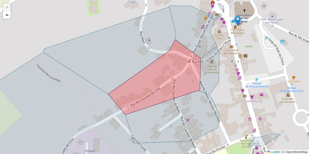 Mapa detalhado do código postal 9630-174 com limites, códigos postais vizinhos e agências dos correios